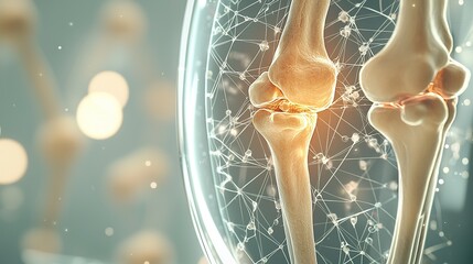 Poster - Detailed digital illustration of human knee joints with interconnected networks, highlighting anatomy and structure during a scientific presentation