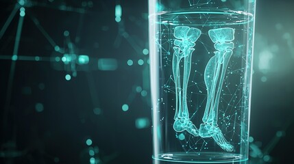 Poster - 3D holographic representation of human leg bones displayed in a high-tech glass container showcasing advanced imaging technology