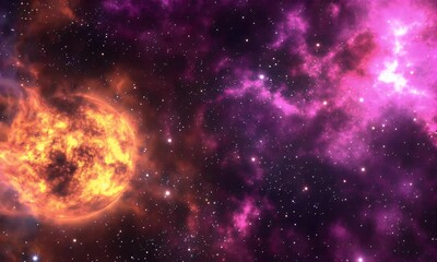 Wall Mural - A vibrant cosmic scene featuring a glowing star amidst a colorful nebula and distant stars.