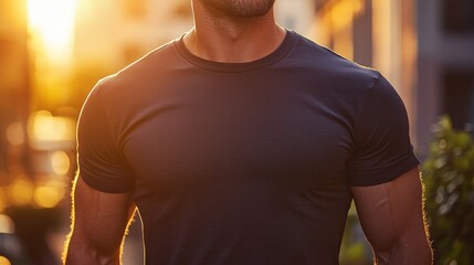 Template black t-shirt. The warm sunlight casts a golden hue on a man’s strong physique as he enjoys a moment in a city during sunset