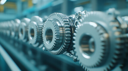 Close-up view of aligned metallic gears in a manufacturing setting, showcasing precision engineering and industrial machinery components in a modern assembly line.