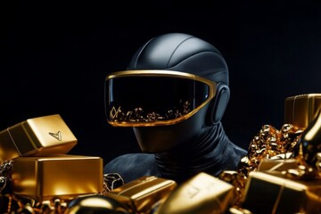 Poster - Futuristic person surrounded by digital luxury goods, representing the evolution of materialism in a tech-driven world