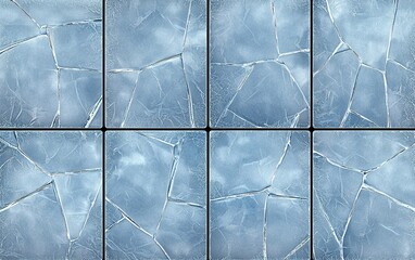 Poster - Patterns of fractured glass panels showing a blue backdrop reflecting light at different angles
