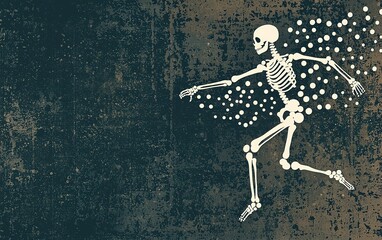 Poster - A stylized skeleton running through a dark, textured background with dots resembling motion, creating a sense of energy and movement at night