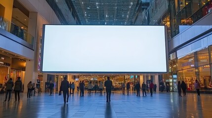 People gather around an enormous blank digital screen in a vibrant shopping mall, exploring stores and socializing