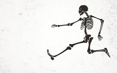 Poster - An animated skeleton in motion running across a textured white background