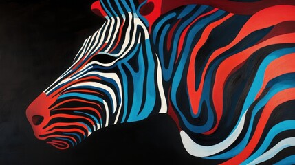 A stylized abstract illustration of a zebra in blue, red, white and black tones against a dark background.