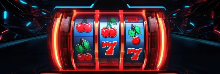 Aufkleber - Glowing slot machine reels spin to reveal classic symbols like cherries and sevens, captivating players in a lively casino atmosphere. Generative AI