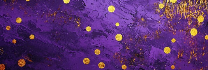 Fototapete - The striking backdrop features rich purple hues overlaid with intricate textures and golden circles, forming an artistic and contemporary design perfect for creative projects