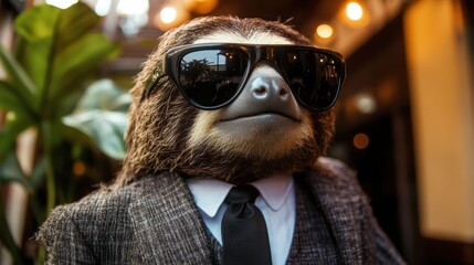 A stylish sloth wearing sunglasses and a suit, exuding a cool and sophisticated vibe in a modern setting.