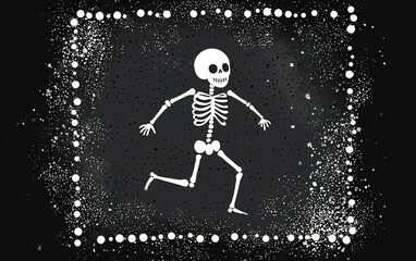 Poster - A playful skeleton figure running within a decorative dotted border on a black background, capturing a whimsical Halloween spirit