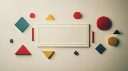 Fototapete - vibrant geometric shapes in various colors positioned around a blank white frame, adding a playful touch to the minimalist wall design