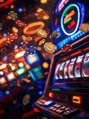 Fototapete - Coins and poker chips are flying in celebration as a slot machine strikes a jackpot, capturing the thrill of casino excitement. Generative AI