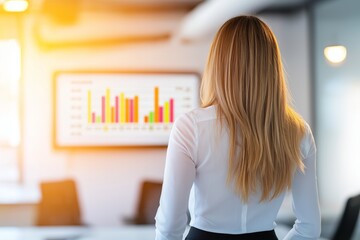 Young professional analyzing performance metrics in a modern office setting with digital display in the background