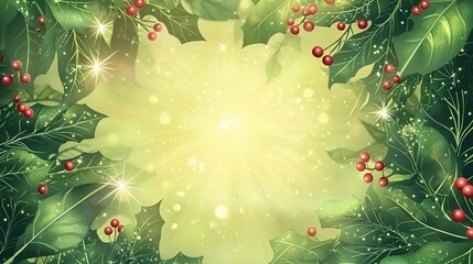 Wall Mural - A festive arrangement of holly leaves and bright red berries set against a soft glowing background creating a cheerful holiday atmosphere