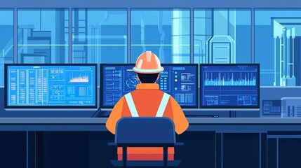 Poster - A technician monitors industrial equipment through multiple screens in a control room during daylight hours