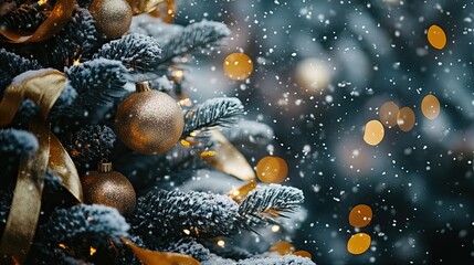 A close-up of a snow-covered Christmas tree, adorned with golden ribbons and shining baubles, capturing the holiday spirit.