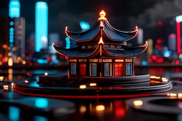 Aufkleber - Night view of the Summer Palace glowing with neon lights, surrounded by a futuristic city skyline, creating a cyberpunk contrast between old and new