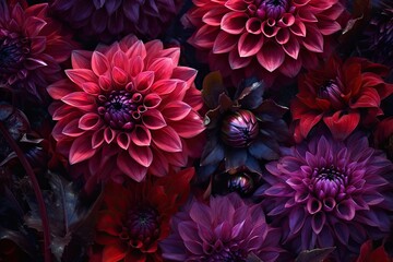 Poster - A beautiful array of dahlia flowers showcases rich hues of red and purple against a dark garden background, highlighting nature's intricate details in late afternoon light
