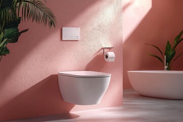 Poster - A contemporary bathroom showcases a sleek wall-mounted toilet beside a roll of toilet paper and a tranquil bath area. Sunlight streams through, highlighting the pink walls and greenery