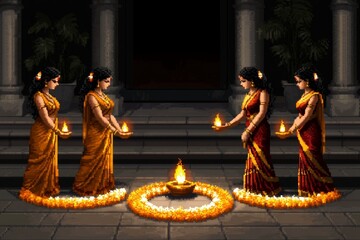 Poster - Pixel art depiction of Aarti, with pixelated oil lamps and devotees performing the ritual in a retro video game style