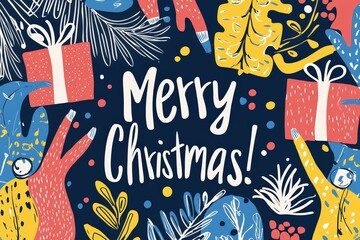 Poster - Brightly colored Christmas-themed decorations surround the phrase expressing holiday cheer. Presents and festive elements create a joyful atmosphere perfect for celebrations