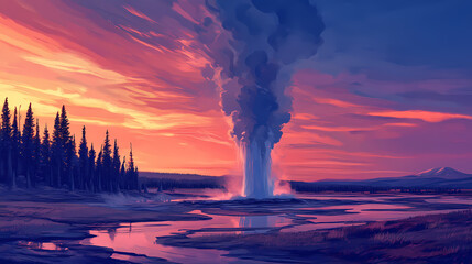 Wall Mural - Dramatic sunset over a geyser erupting in yellowstone national park. generative ai. Geyser Eruption. Illustration