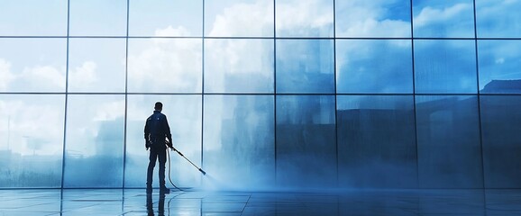 A man cleaning large glass windows with a pressure washer.