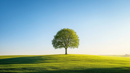 A lone tree stands on a lush green hill under a clear blue sky, symbolizing solitude and tranquility in a serene natural landscape.