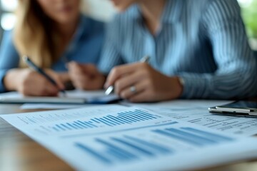 A married couple is calculating their finances, with financial reports spread out on the table