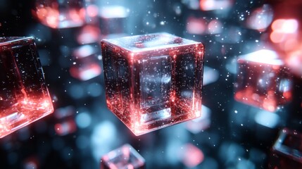 Translucent cubes hover in the air, illuminated by brilliant red and blue lights. The glowing shapes create an enchanting atmosphere filled with sparkles and light reflections.