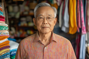 An elderly man with glasses stands in front of colorful fabric in a store, wearing a textured shirt, looking directly at the camera.