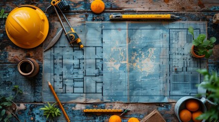 Top view of architect engineer working on solar panel and his blueprints with solar photovoltaic equipment and wind turbine on construction site. clean energy concept. copy space for text and design