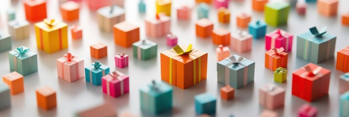 Wall Mural - A delightful assortment of small, colorful gift boxes in varied sizes scattered across a bright background, perfect for celebration. Generative AI