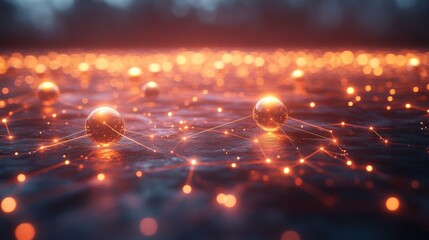 Aufkleber - Glowing orbs scattered across a dark, reflective surface create a beautiful display of light. The warm glow enhances the atmosphere, resembling stars on a quiet evening.