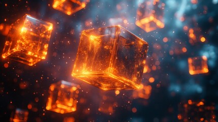 Poster - Floating orange cubes emit a warm glow against a dark, nebulous background filled with shimmering sparks, creating a captivating cosmic atmosphere.
