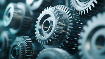 Close-up of metallic gears interlocking, showcasing the detailed and intricate engineering components in motion, representing precision, technology, and mechanical harmony.