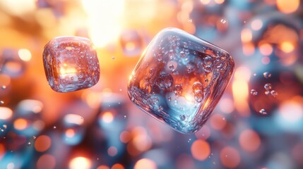 Poster - Two translucent ice cubes hover in the air, surrounded by vivid bubbles and colors that evoke a sense of warmth and texture in the setting.