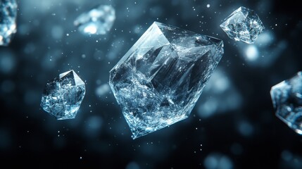 Aufkleber - Sparkling crystal fragments drift gracefully in a dimly lit setting, their surfaces reflecting light and creating a mesmerizing visual effect that captivates the viewer.