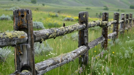 Canvas Print - Rustic Wooden Fence in a Meadow