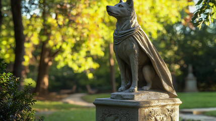 A heroic dog commemorated with a stone statue in honor of his heroic deeds, a dog that truly deserves the statue in the middle of the city park.