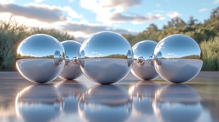 Aufkleber - A group of metallic spheres lies on a smooth surface, reflecting the beautiful landscape and clouds above during the golden hour in nature.