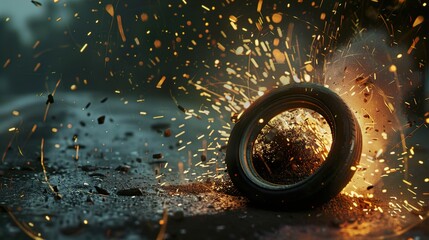 Canvas Print - Burning Tire with Sparks - Dramatic Photography