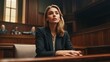 © Khalil - Court of Justice and Law Trial: Successful Female Prosecutor Presenting the Case, Making Passionate Speech to Judge, Jury. Attorney Lawyer Protecting Client with Closing Not Guilty Arguments.