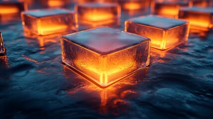 Poster - The vibrant glow from the illuminated ice cubes creates a striking visual effect on the dark surface, showcasing a unique play of light and texture in an artistic arrangement.
