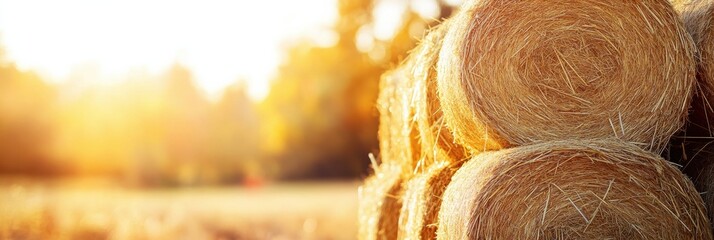 Poster - Stacks of golden hay bales bask in the warm sunlight, surrounded by a colorful fall backdrop on a clear day. Generative AI