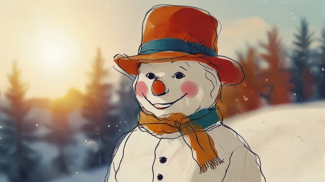 Winter holiday banner - Close-up of a laughing snowman in a wool hat and scarf, on a snowy landscape with bokeh lights and sunlight