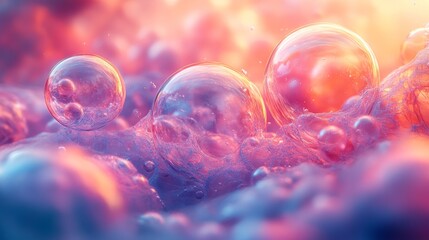 Aufkleber - Bubbles rise gently above a soft, colorful foam, capturing the warm hues of sunset. The atmosphere is tranquil, evoking a sense of calmness.