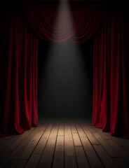 Aufkleber - A traditional theater stage with dark wooden floorboards, high red curtains, and a single spotlight illuminating the center of the empty stage.