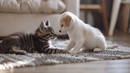 In a cozy living room, a playful kitten and a curious puppy are engaging with each other on a soft rug, surrounded by warm afternoon light, highlighting their friendship